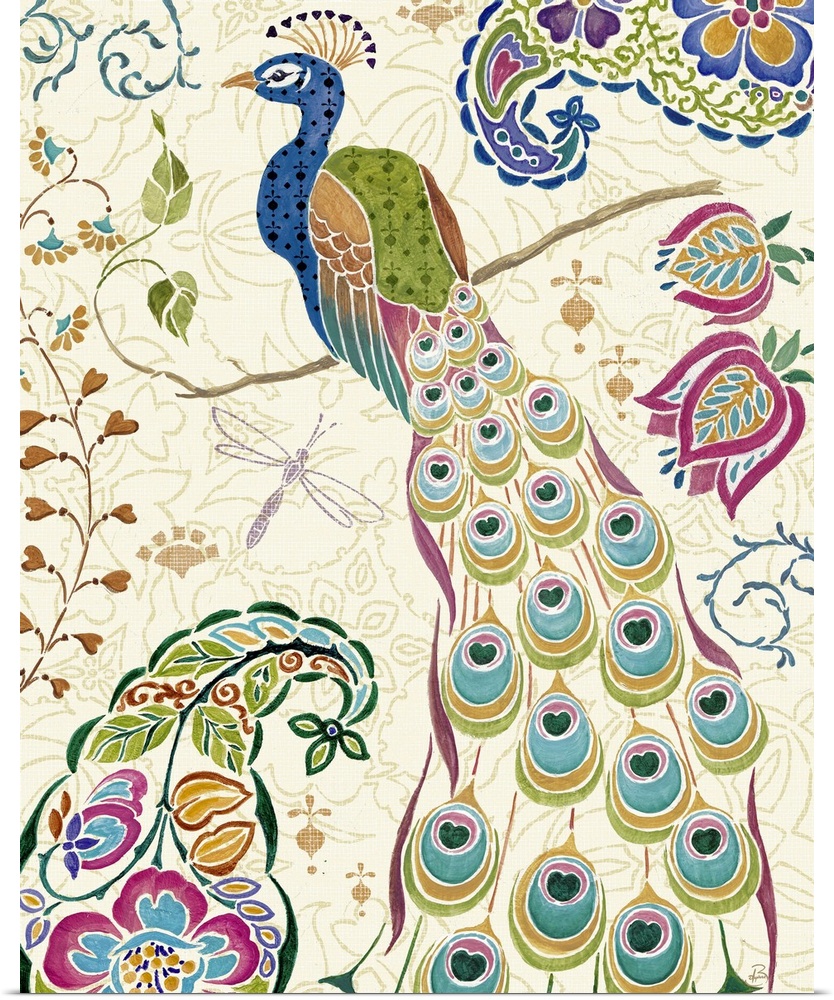 Contemporary artwork of a peacock surrounded by floral designs against neutral background.