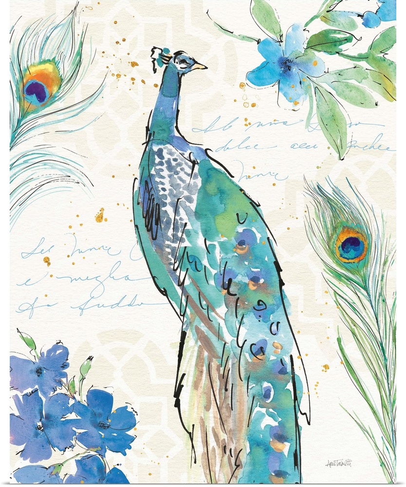 Watercolor painting of a peacock surrounded by peacock feathers and blue flowers on a neutral colored background with ligh...