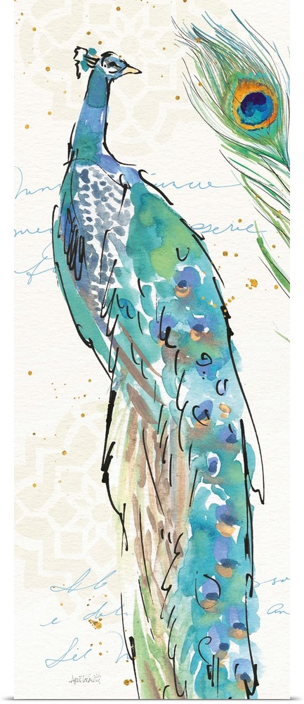 Tall rectangular watercolor painting of a peacock and a peacock feathers on a neutral colored background with light beige ...