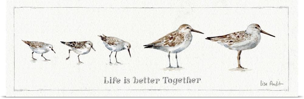 Watercolor painting of a family of sandpipers with the phrase "Life is better together."
