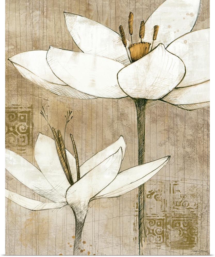 Contemporary artwork of two different types of white flowers drawn against a neutral background with thin vertical stripes.