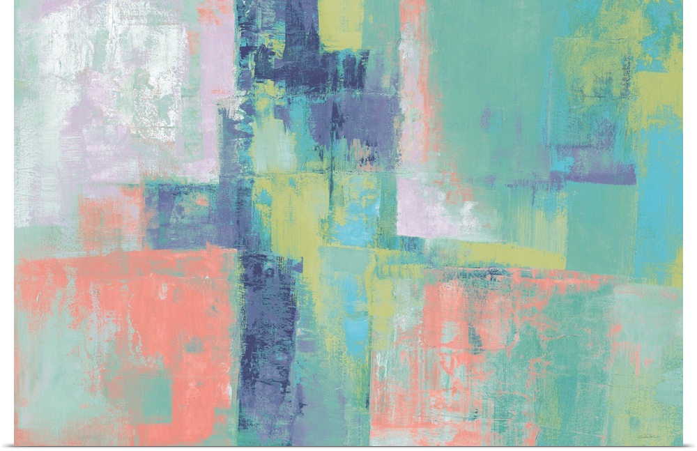 Large abstract painting with pastel hues layered on top of each other.