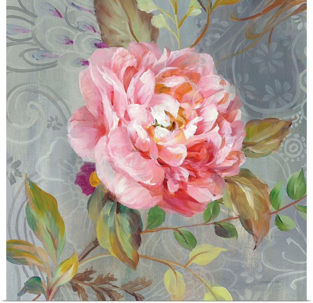 Contemporary square painting of a pink peony on a gray paisley patterned background.
