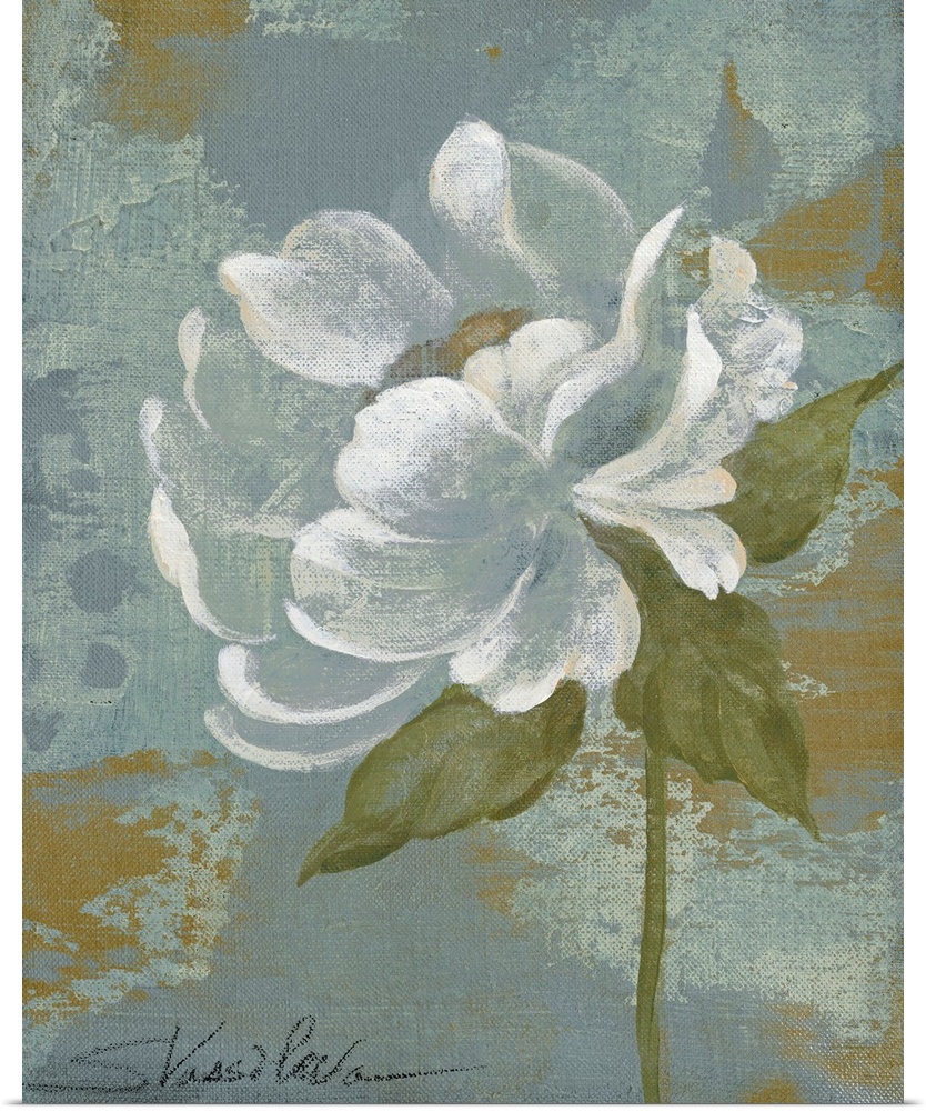 Docor perfect for the home of a white peony flower that has been painted over a soft blue background.