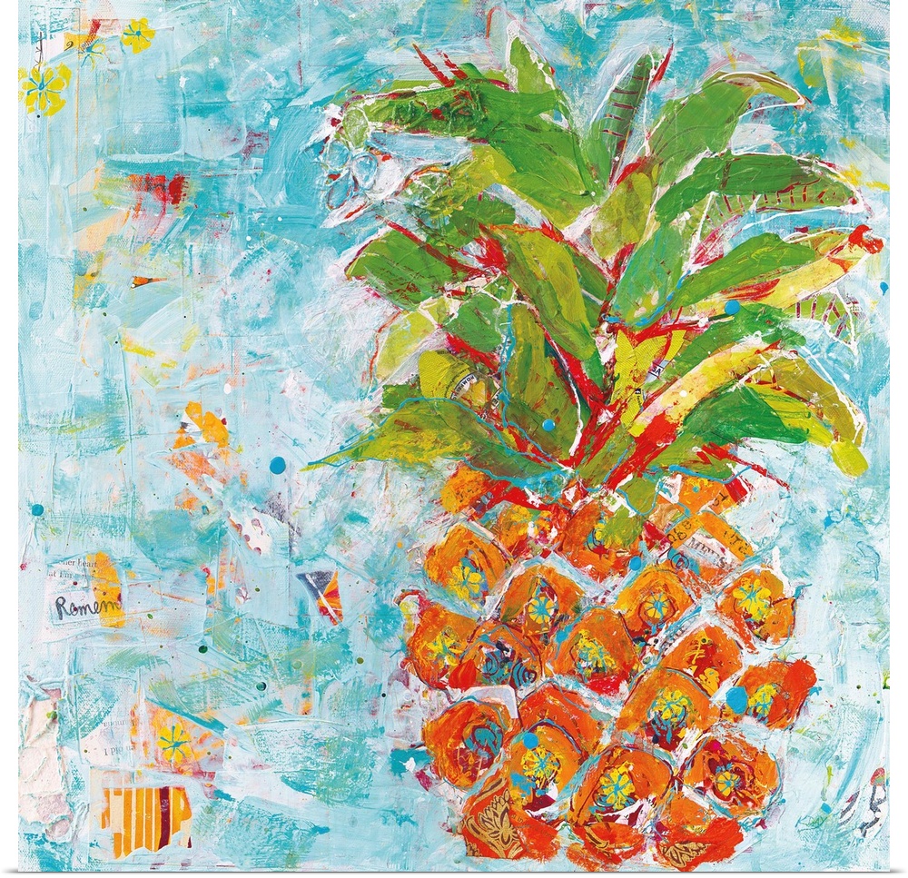 Energetic brush strokes in bright colors create a pineapple adorned with floral elements and paint splatters.