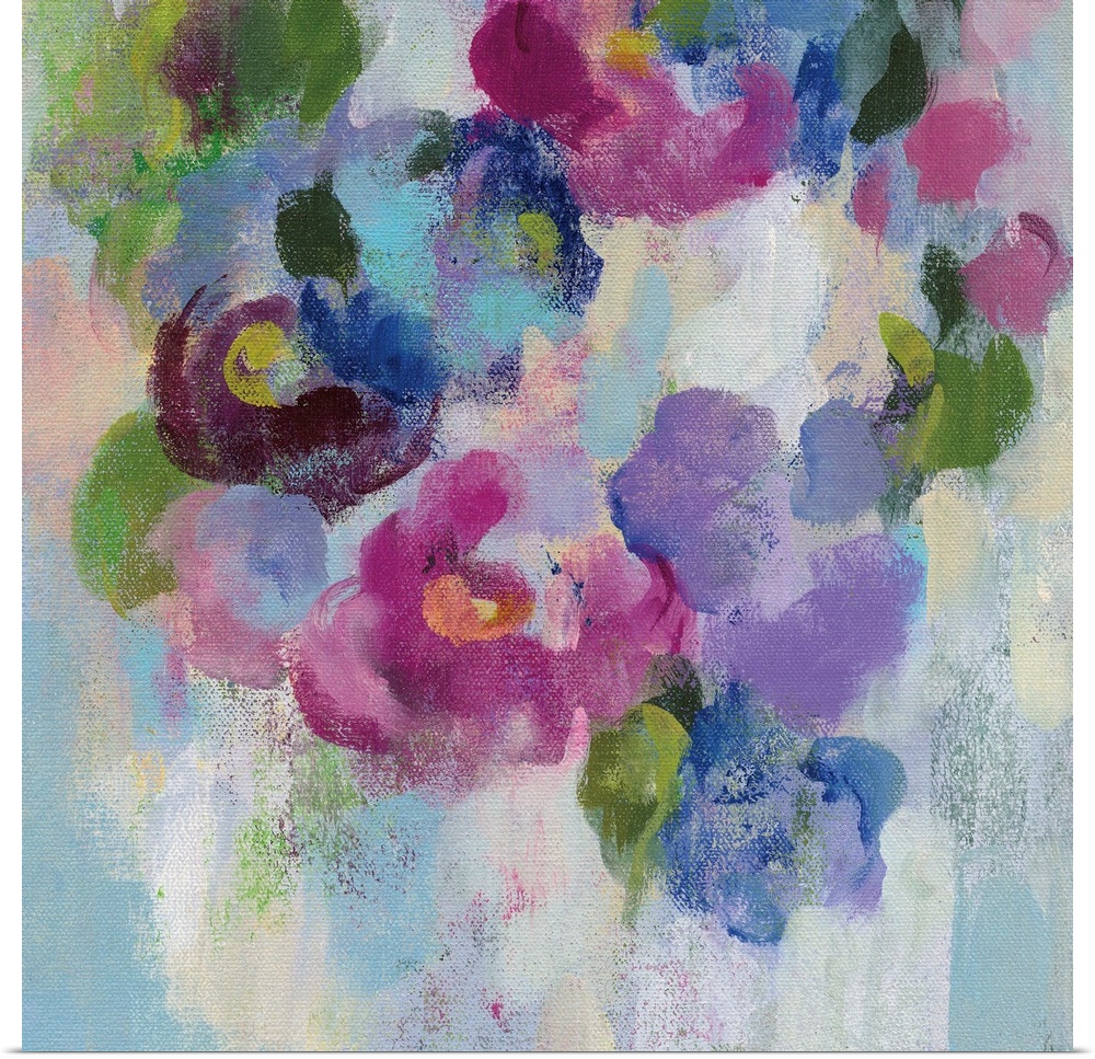 Contemporary painting of blooming flowers in purple and pink.