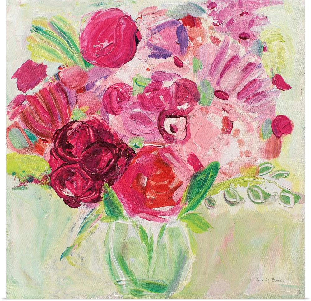 Square painting of a bouquet of abstract flowers in a vase.