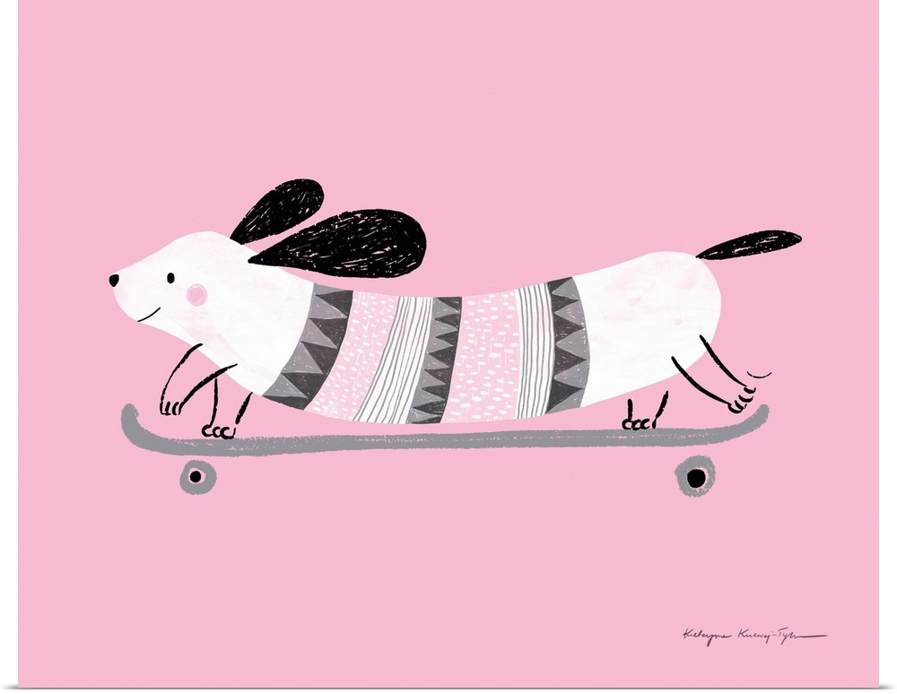 An adorable illustration of a small weiner dog with a striped torso riding a longboard on a pink background. Perfect for a...