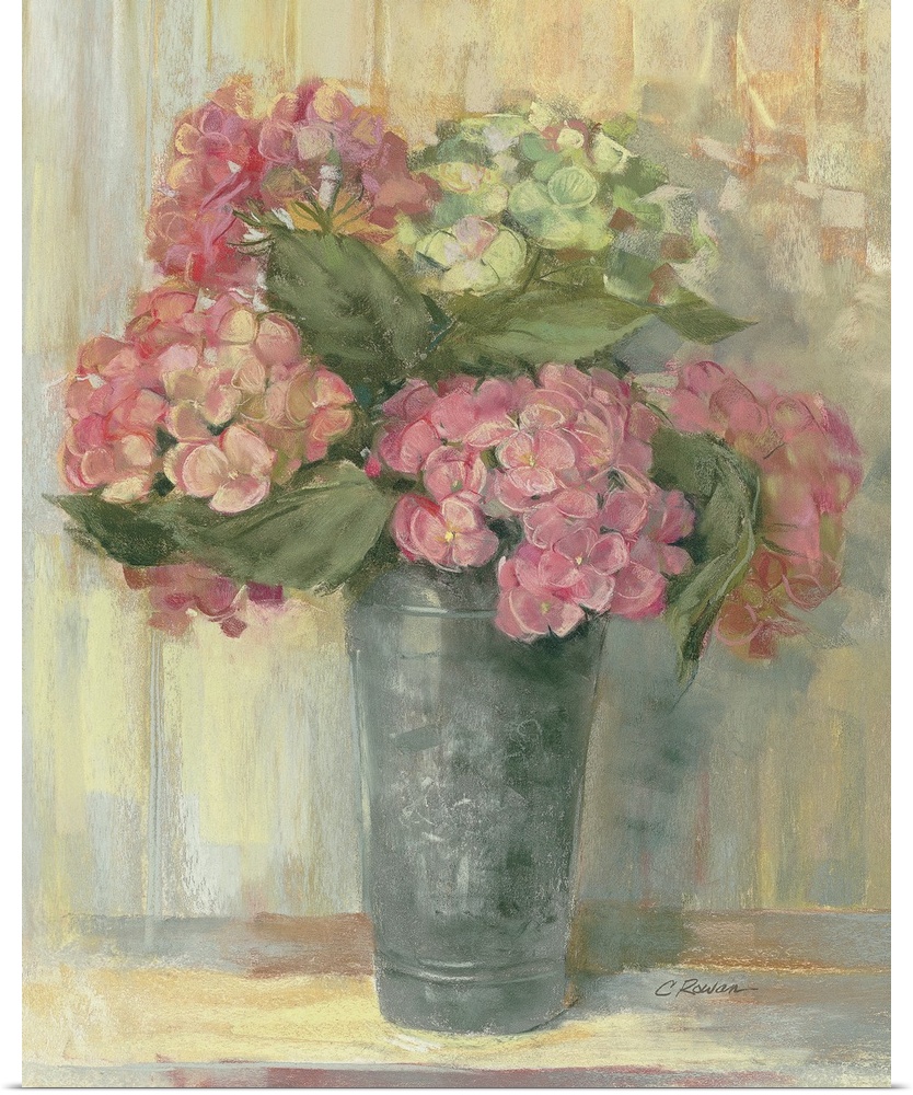 Painting of tall tin vase filled with pastel colored flowers.