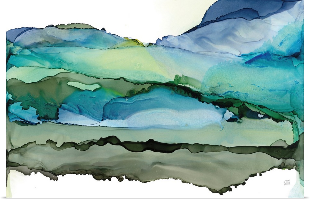 A contemporary abstract in alcohol inks resembling rolling blue green hills on a white background