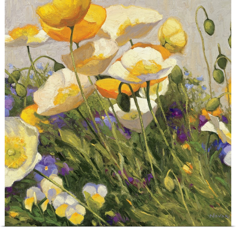 Square, floral painting on a large wall hanging of a field of golden poppies and purple pansies, reaching upward, toward t...