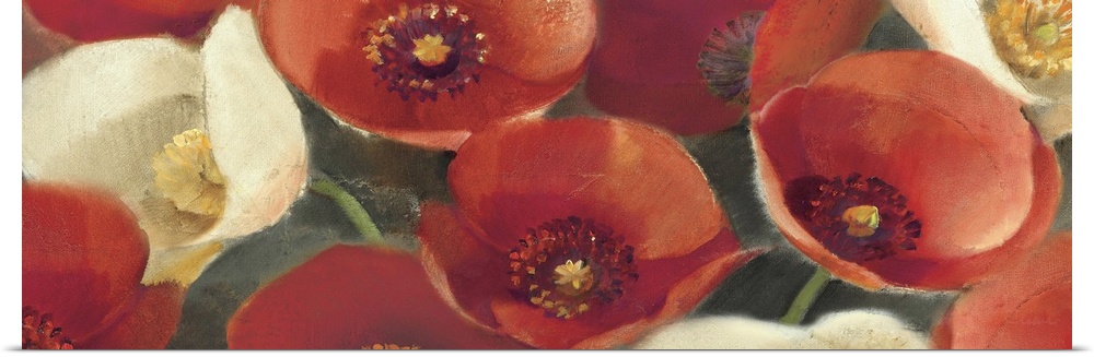 Contemporary artwork of different brightly colored flowers close-up in the frame of the image.