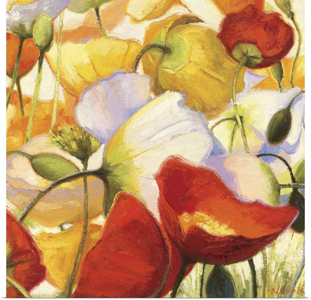 Floral painting filled with poppy flowers of different colors.