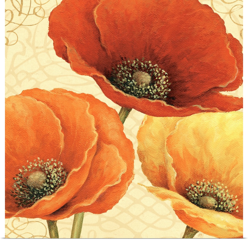 Up-close painting of three flower blossoms with a scroll-like patterned background.