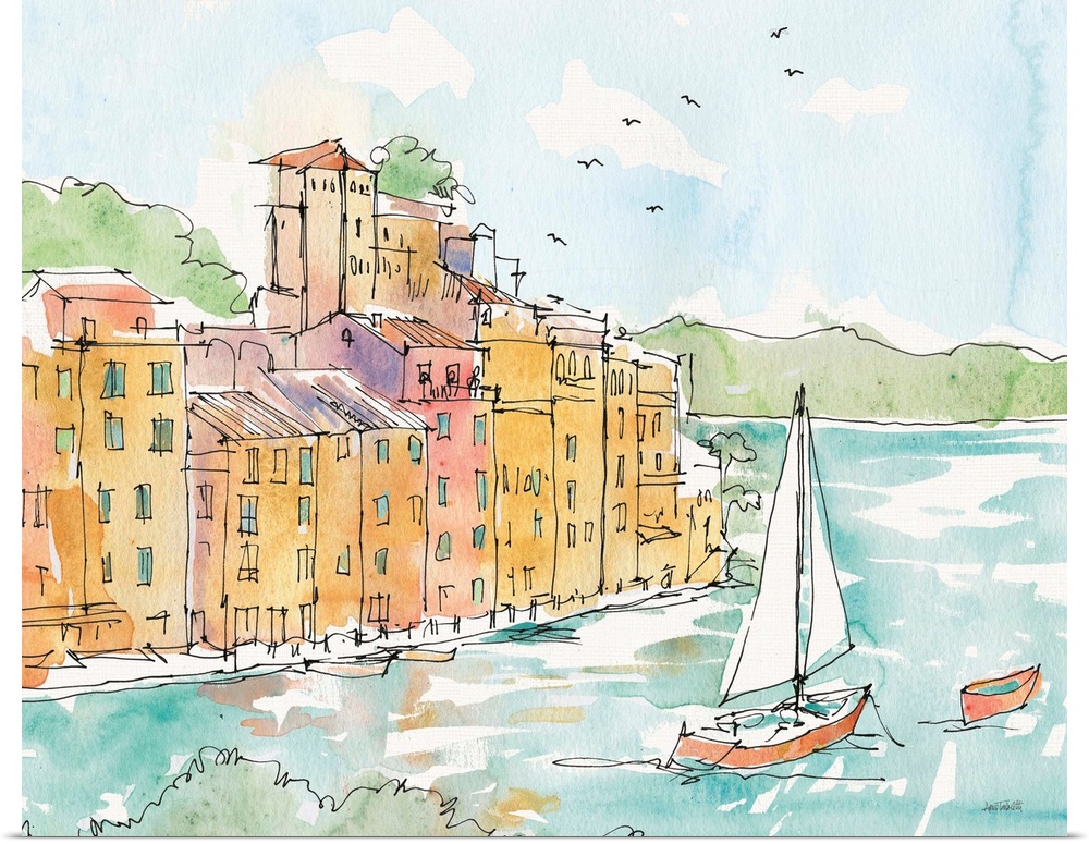 A watercolor cityscape painting of Portofino, Italy.