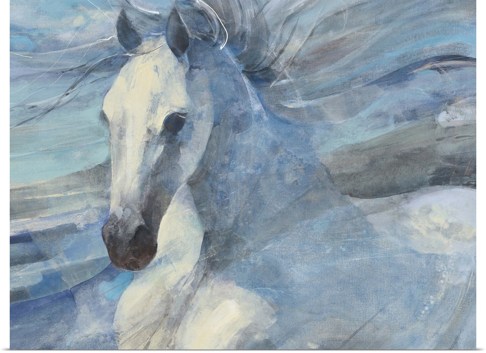 Contemporary painting of a white horse against a white multi-toned blue background.