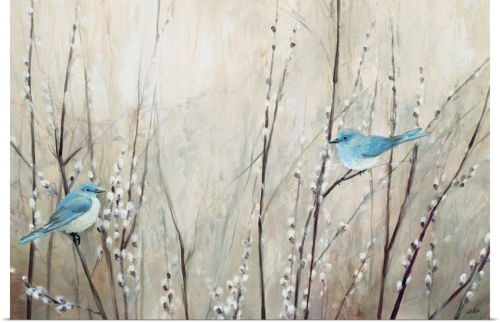 Contemporary artwork featuring a blue bird perched on pussy willow branches over a neutral background.