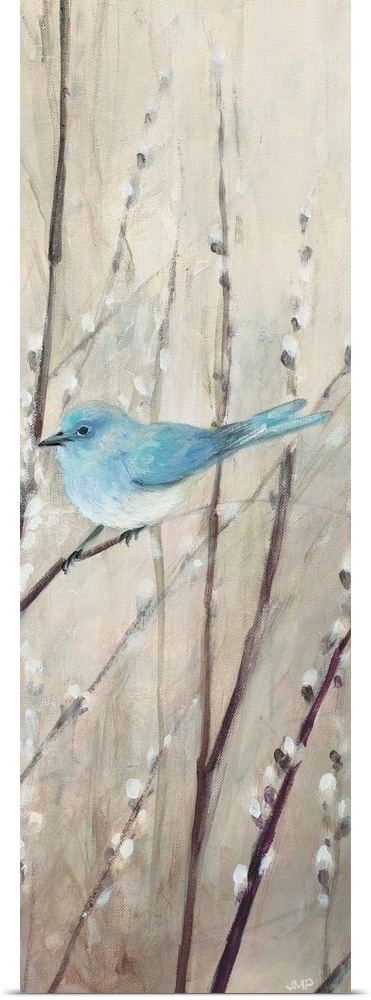 Contemporary artwork featuring a blue bird perched on pussy willow branches over a neutral background.