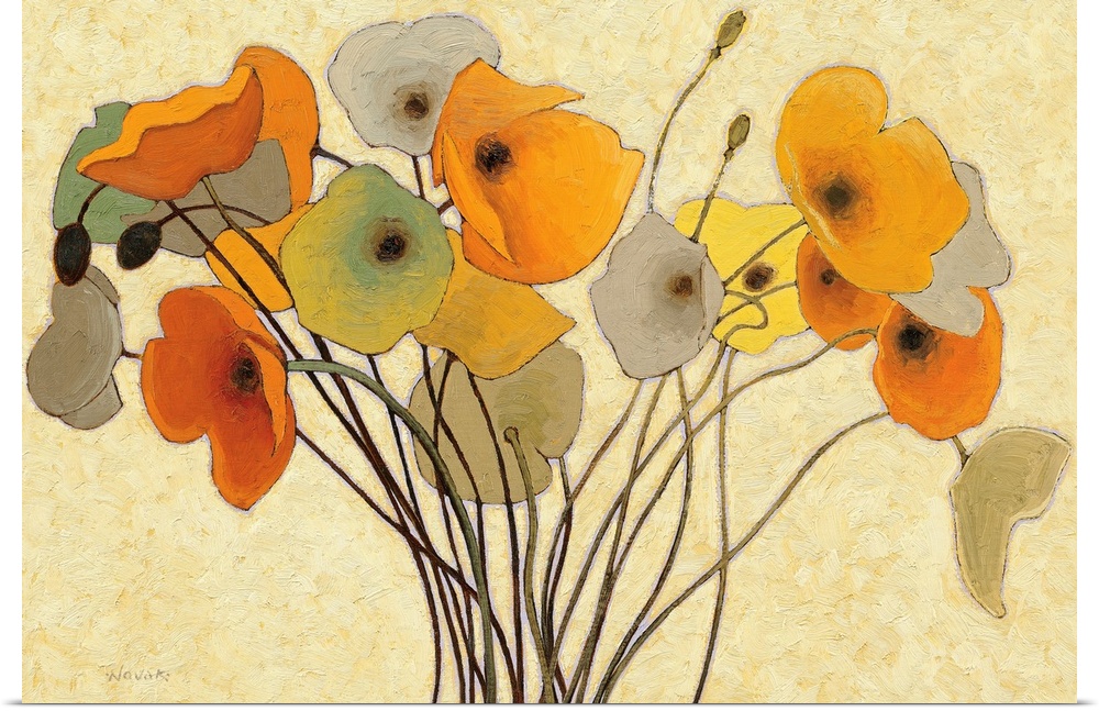 Horizontal fine art painting of a bouquet of poppies in golden colors, on a lighter, neutral, brush stroked background.