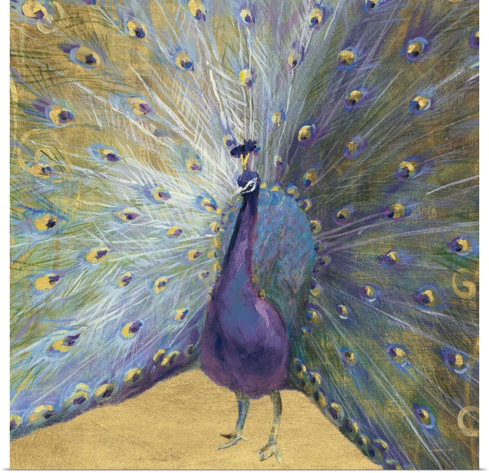 Contemporary painting of a peacock with its feathers spread wide open on a gold background.