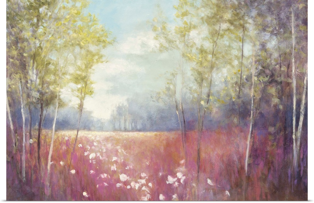 Contemporary landscape painting of a clearing in a forest in pastel colors.