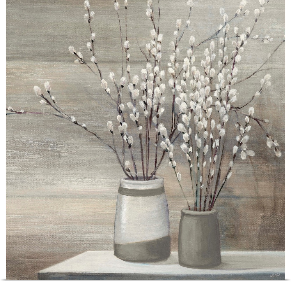 Still life painting of pussy willow plants arranged in gray and white vases on a table.