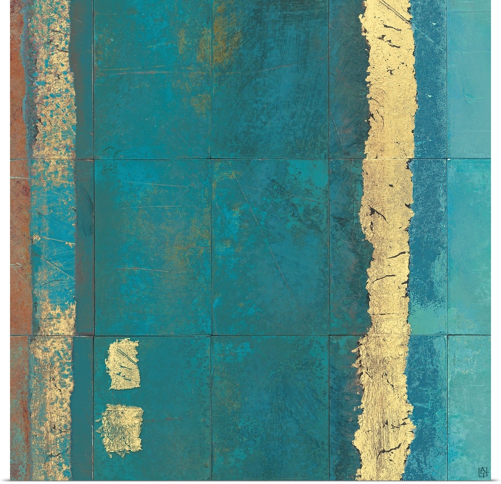 Square abstract painting done in turquoise tones resembling tiles, divided by strokes of neutral colors.