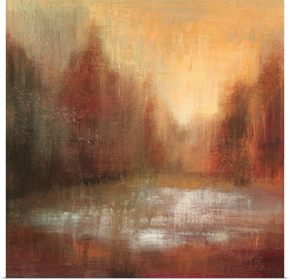 Abstract painting of earth tones almost looking like an idyllic forest scene.