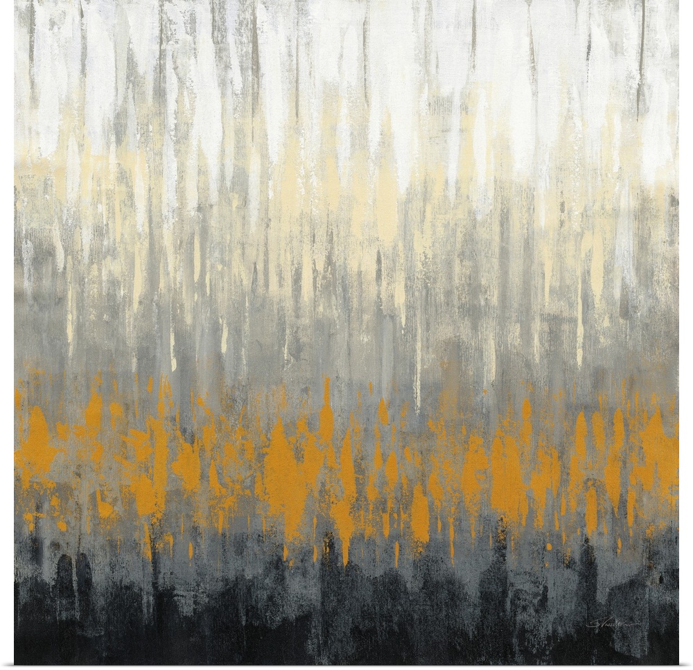 A square abstract in jagged horizontal lines in cream, grey, orange and black.