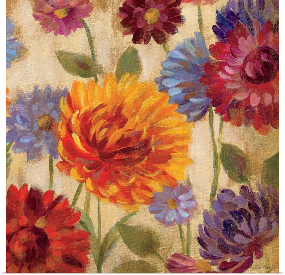 Square, oversized floral painting of vibrant, multicolored dahlia flowers in various sizes, on a light, earthy background.