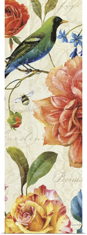 Vertical floral design of giant pink roses with a bird sitting on a small branch.