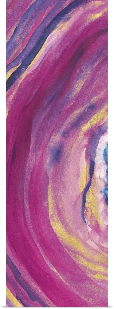 Tall, rectangular abstract painting of the inside of a mineral with pink, purple, blue, and gold hues.