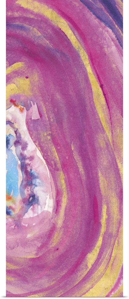 Tall, rectangular abstract painting of the inside of a mineral with pink, purple, blue, and gold hues.