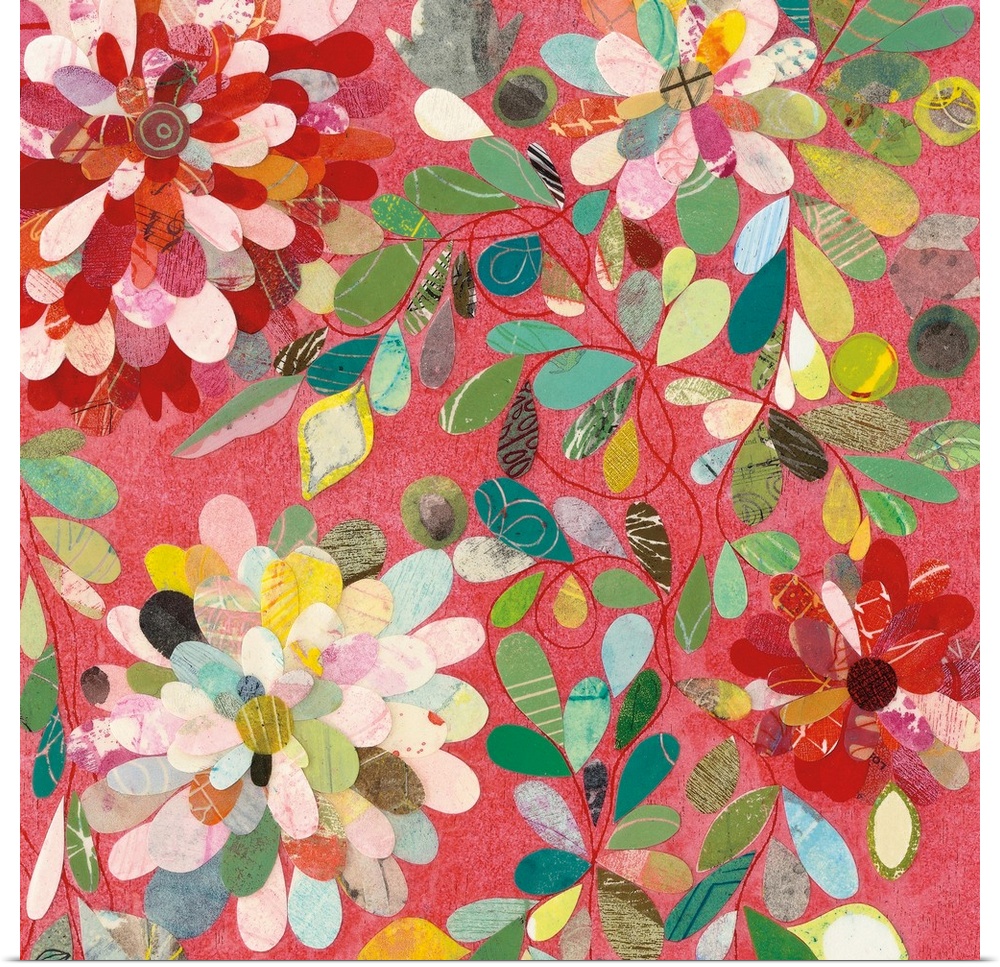 Contemporary artwork of multi-colored flowers against a pale red background.