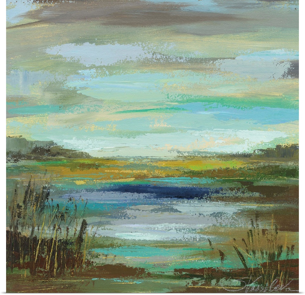 Contemporary landscape painting of the edge of a lake with reeds and a gloomy sky.