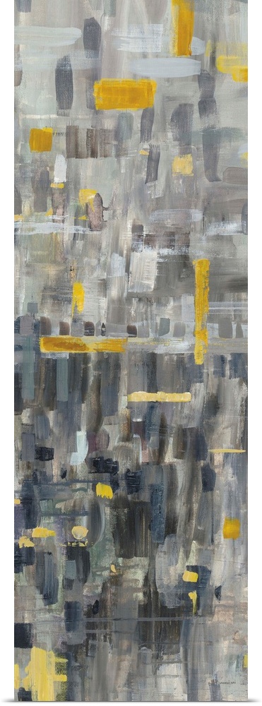 Tall, rectangular abstract painting with neutral toned brushstrokes in the background and bright gold brushstrokes on top.