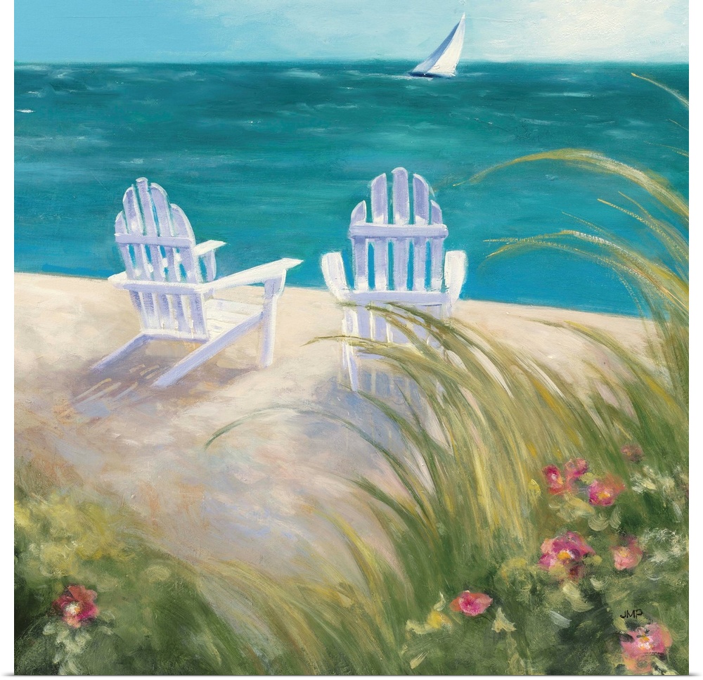 Relaxing painting of two white adirondack chairs on the beach with a sailboat in the ocean off in the distance.