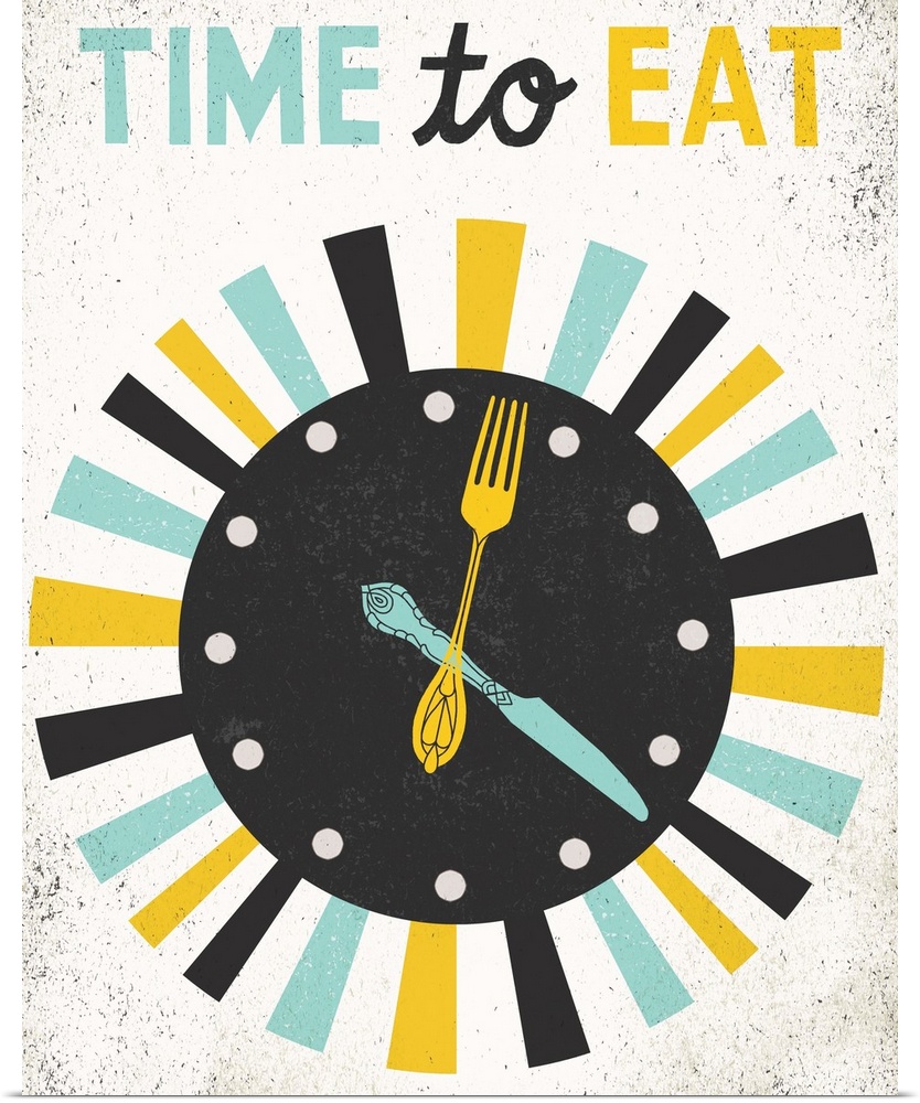 Cute retro sign featuring a clock with a knife and fork for hands.