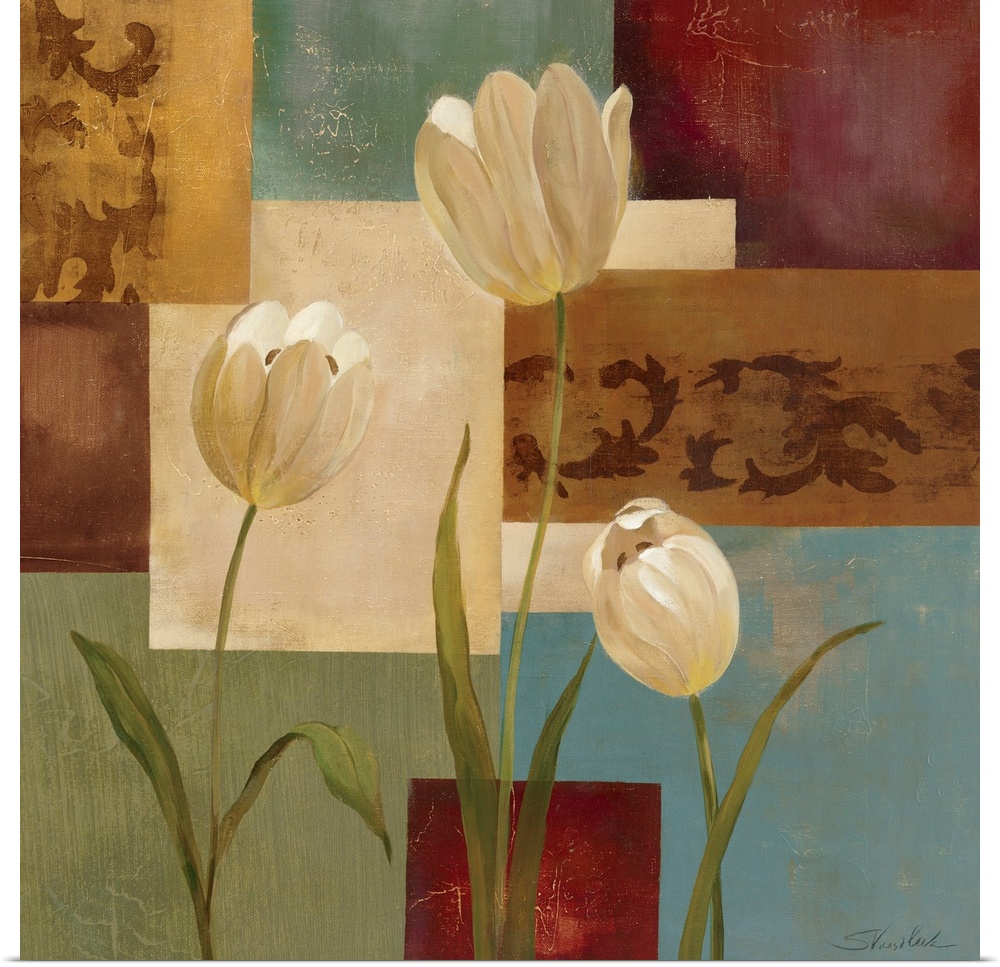 Three tulips in front of a geometric background with embellished patterns and textures in this decorative accent for the h...