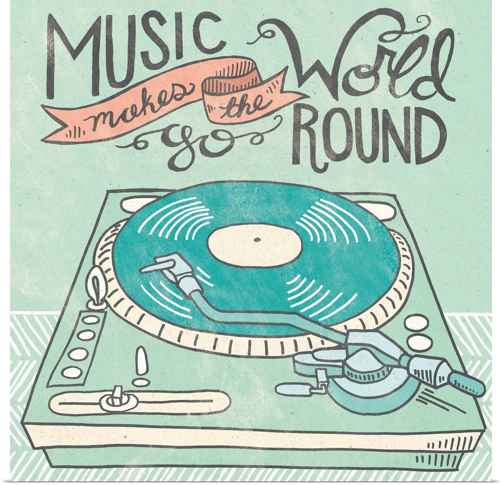 Retro style artwork of a record player with a sweet hand-lettered sentiment.
