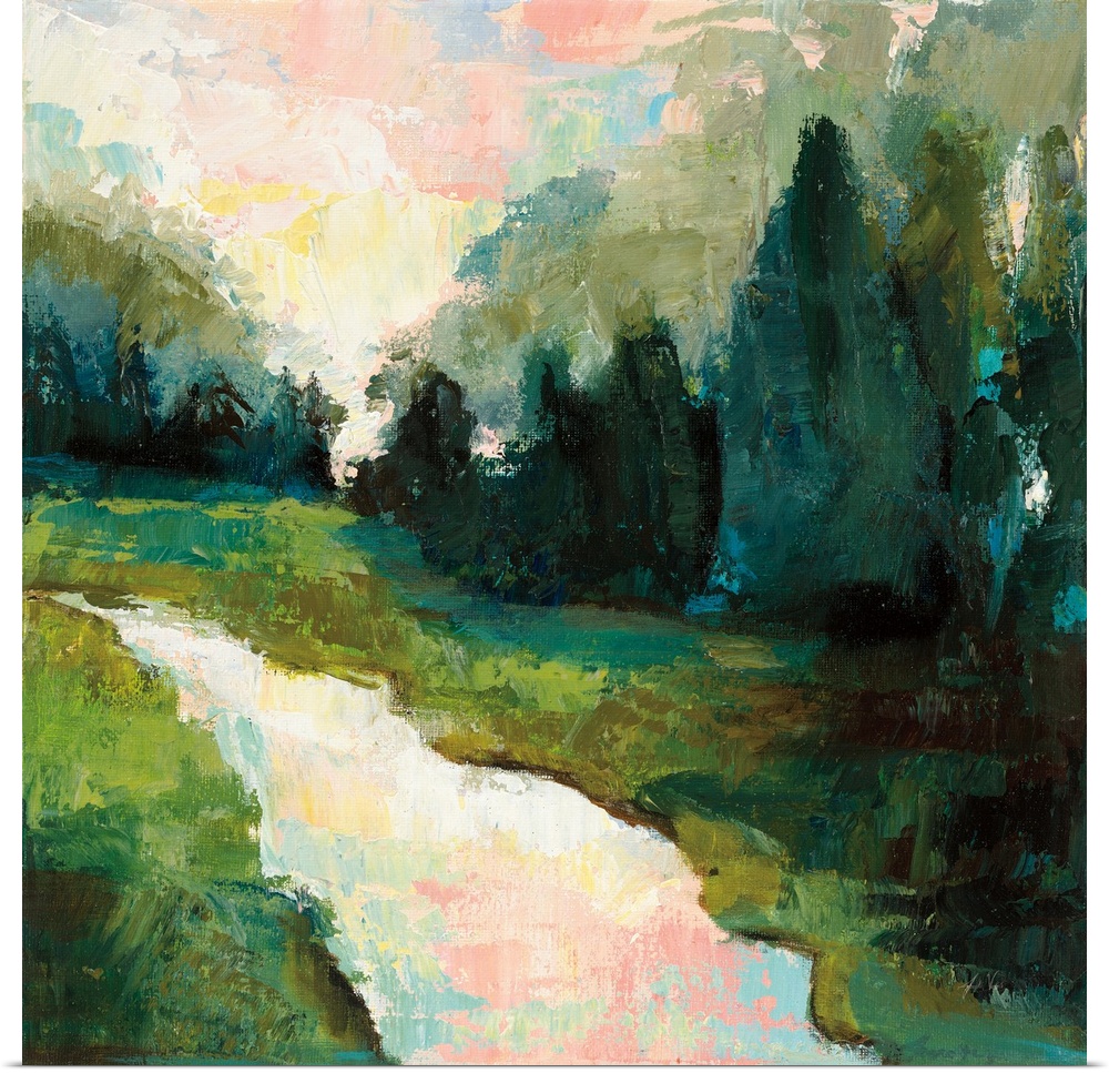 Contemporary painting of a river running through a landscape.
