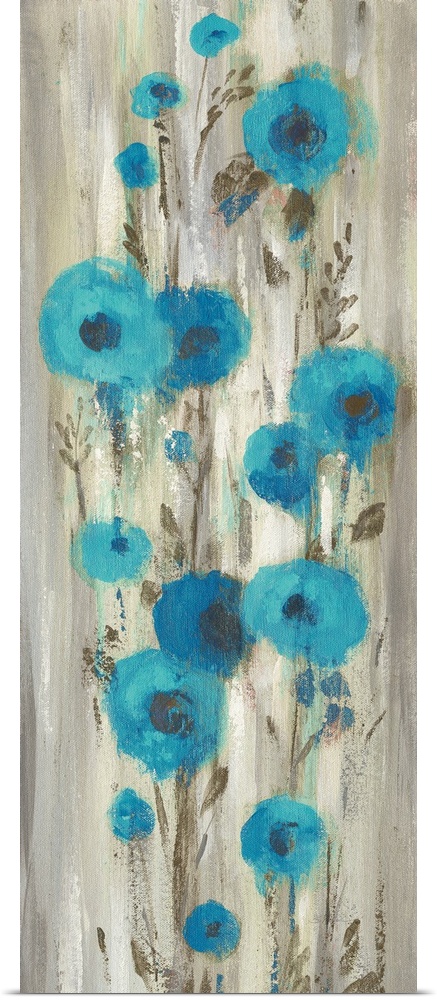 Contemporary artwork of abstract blue flowers over cascading gray color.