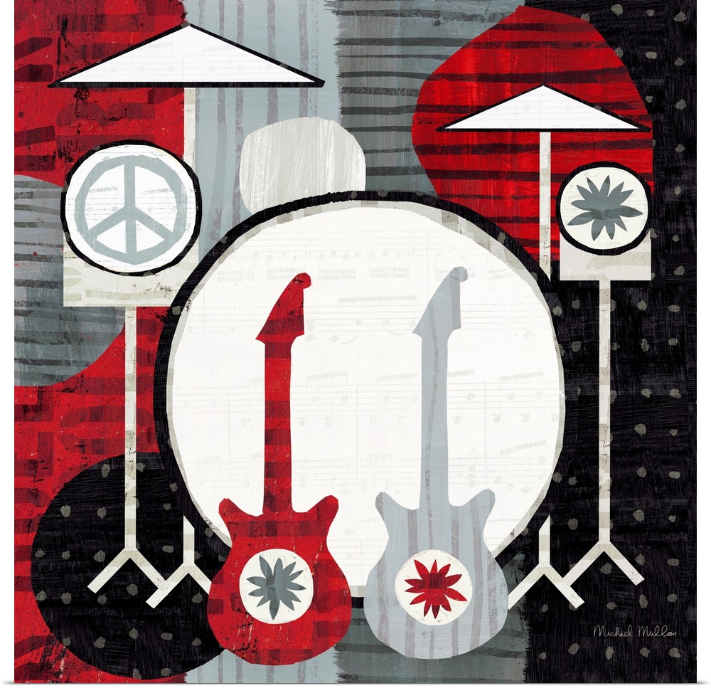 Painting of a drum set and two guitars on a patterned background.