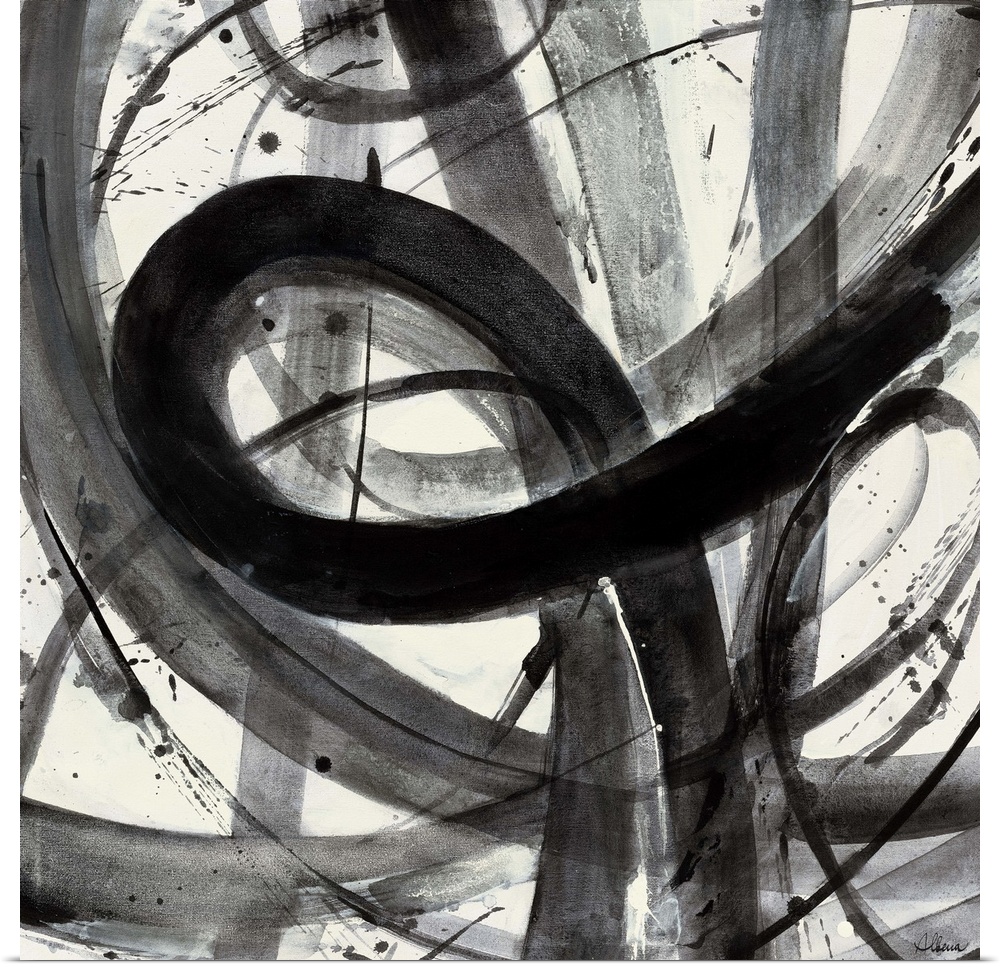 Contemporary abstract painting of black semi-transparent strokes against a white background.