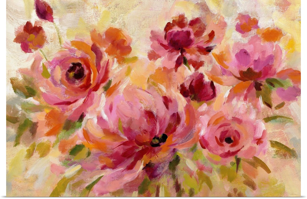 Abstract painting of a bouquet of warm pink flowers with hints of orange.