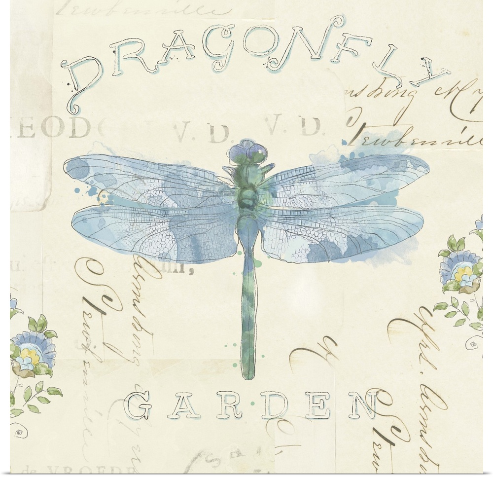 Contemporary home decor artwork of a soft blue dragonfly against a pale tan background.