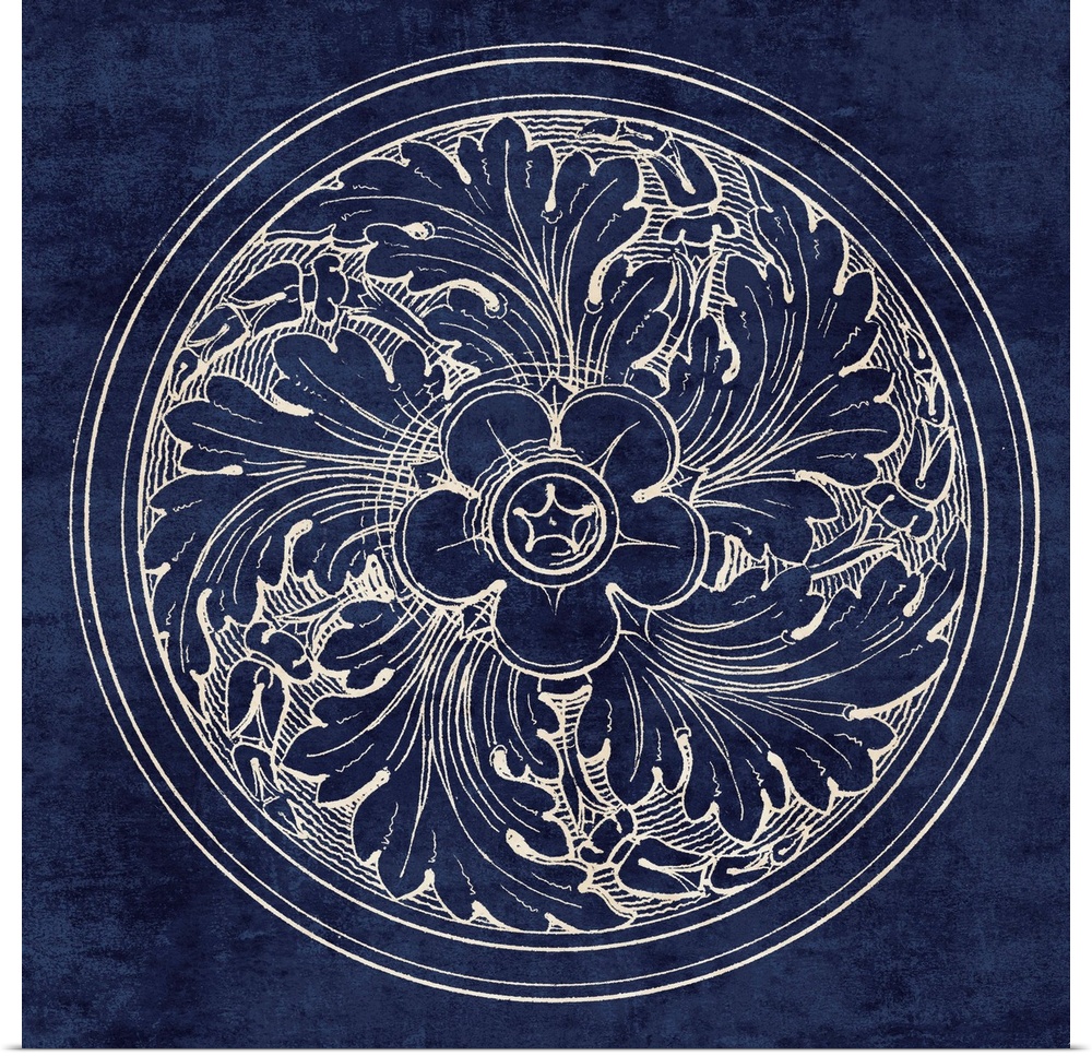 Contemporary artwork of a vintage stylized rosette in dark blue.