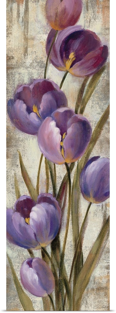 Contemporary artwork of purple flowers close-up in the frame of the image.