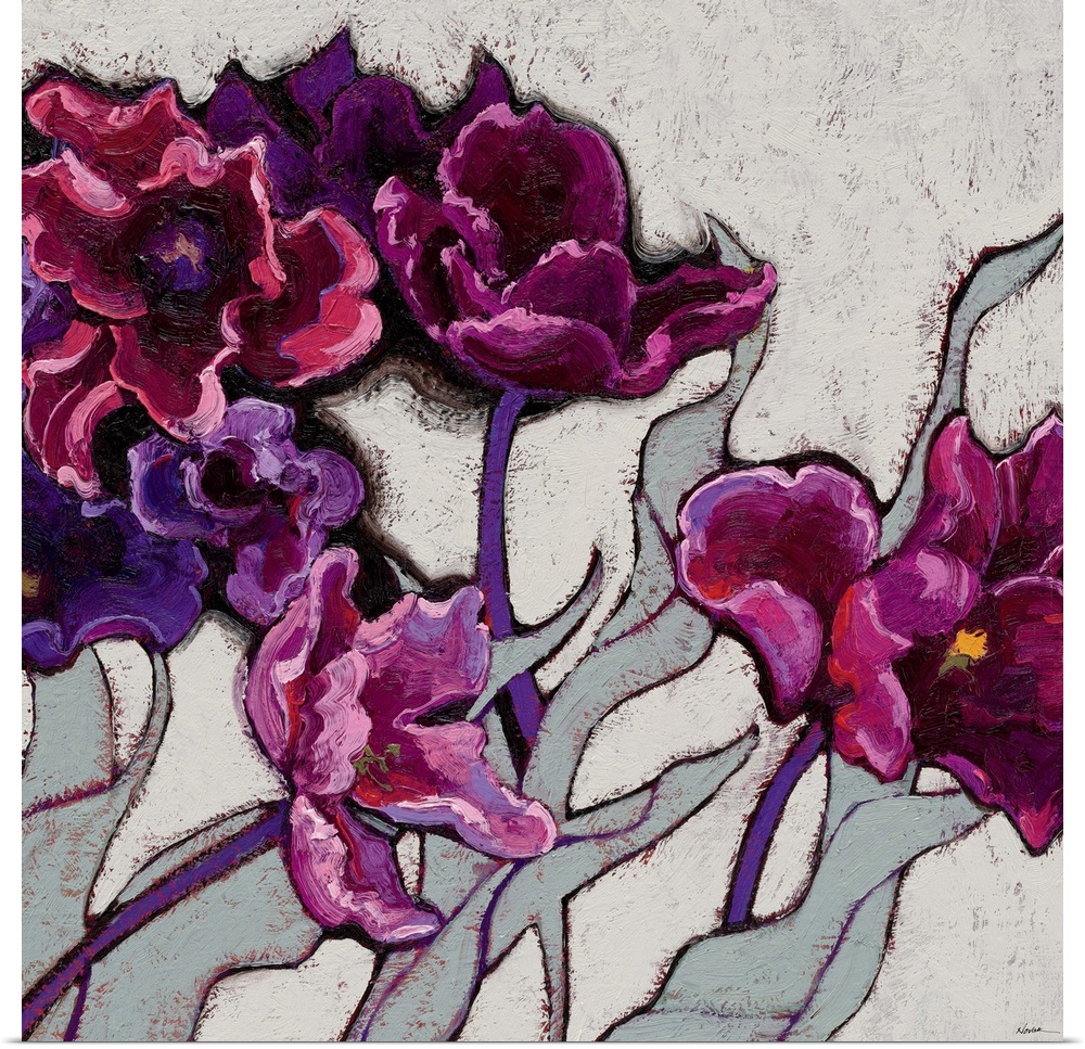 Contemporary painting of violet flowers against a gray background.