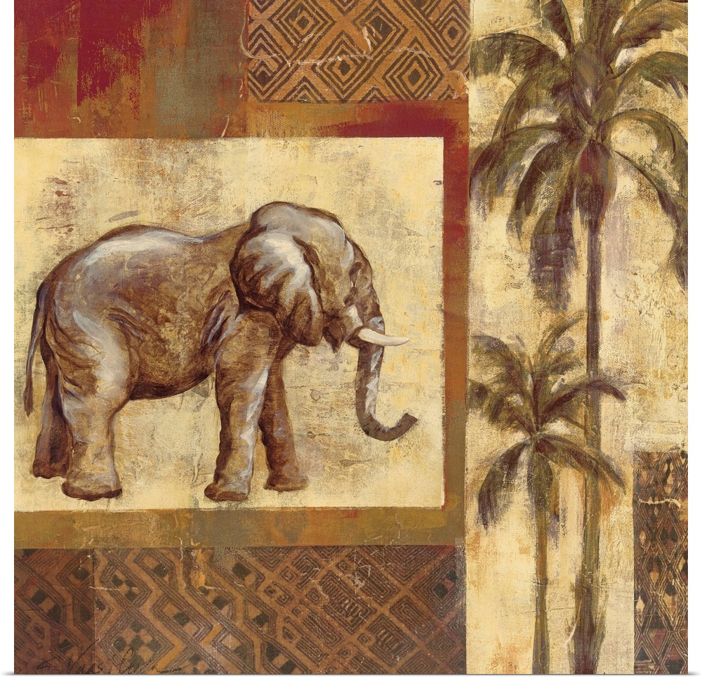 This artwork has a patch style background with a large elephant painted facing toward tall palm trees that line the right ...